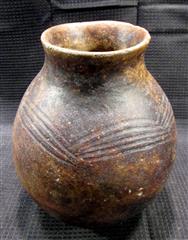 LOT 2 EARTHENWARE ROUNDED BOTTOM POTS - ONE POT EIGHT INCHES TALL WITH DIAGONO G